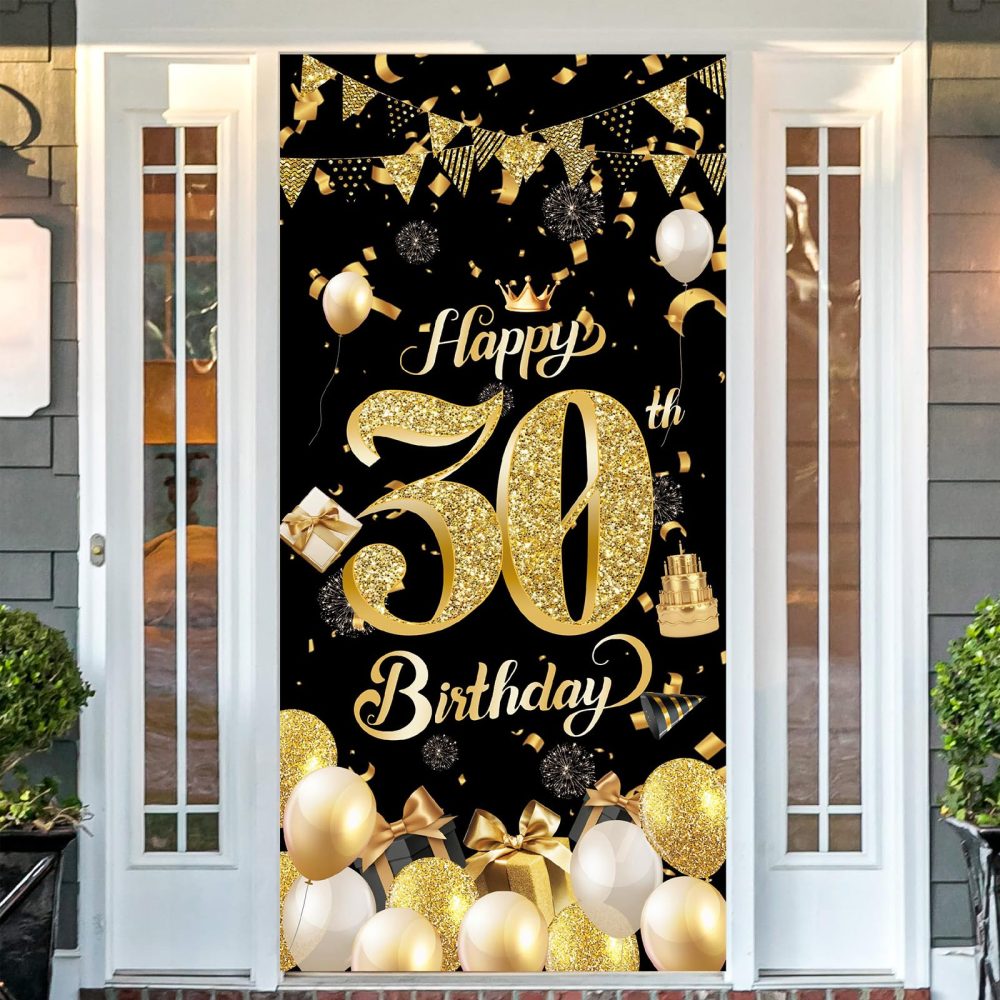 30th Birthday Door Banner,Black Gold 30th Birthday Decorations,Happy 30th Birthday Party Backdrop Banner,30th Birthday Door Hanging Banner for Women Men Birthday Party Photo Booth Supplies(90*185cm)