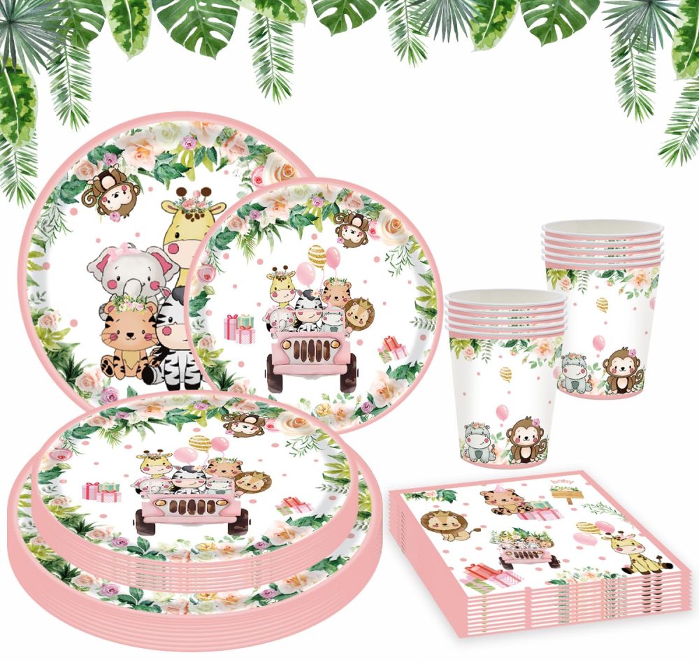 Jungle Safari Theme Birthday Party Supplies Pink Safari Jungle Animal Tableware Set Inlcude Plates Napkins Cup Girls Birthday Party Baby Shower Party Decoration Supplies