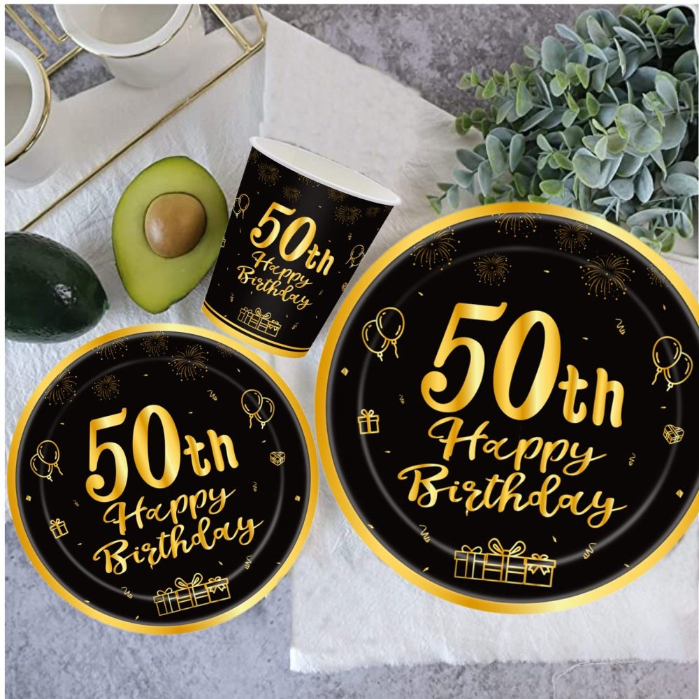 Happy 50th Birthday Paper Plates 9”Black and Gold,16Pcs Disposable Tableware Party Plates,Happy 50th Birthday Decorations Plates for Women,Men,Him,Her 50th Birthday Party Supplies Table Decorations - Image 2