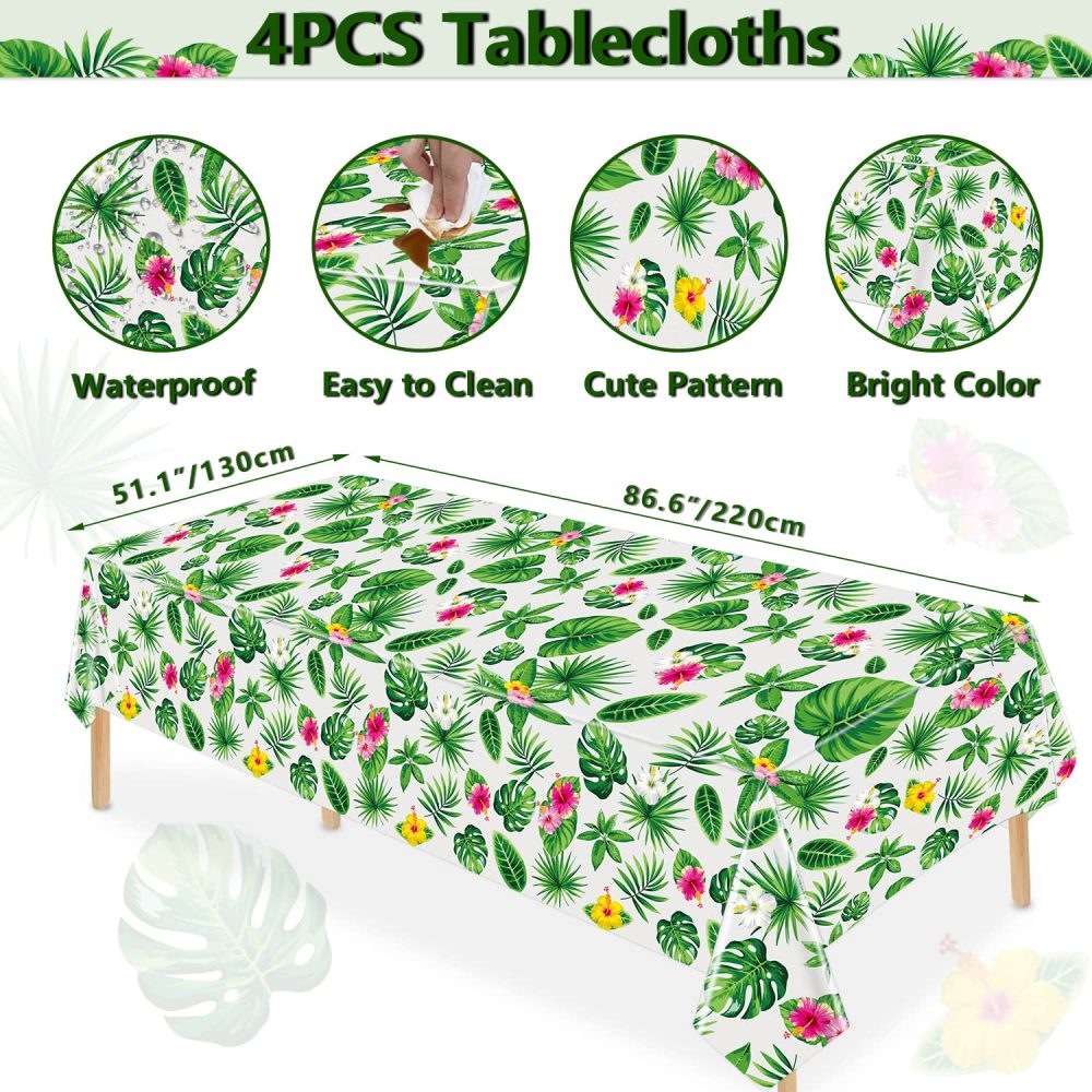 4 Pack Hawaiian Luau Tablecloths Tropical Palm Leaves Table Cloth Hawaii Disposable Plastic Rectangular Table Covers Aloha Summer Beach Pool Kids Birthday Tablecloth Cocktail Party Supplies 86 x 51 IN - Image 9