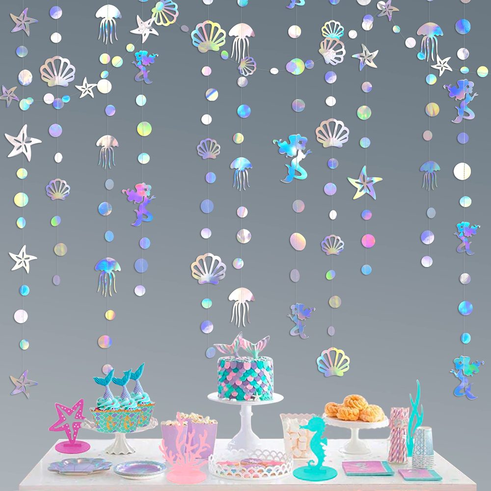 52Ft Iridescent Mermaid Party Decorations Bubble Pearl Starfish Seashell Jellyfish Garland Holographic Paper Bunting Streamers for Kids Birthday Baby Shower Ocean Little Mermaid Under The Sea Decor - Image 3