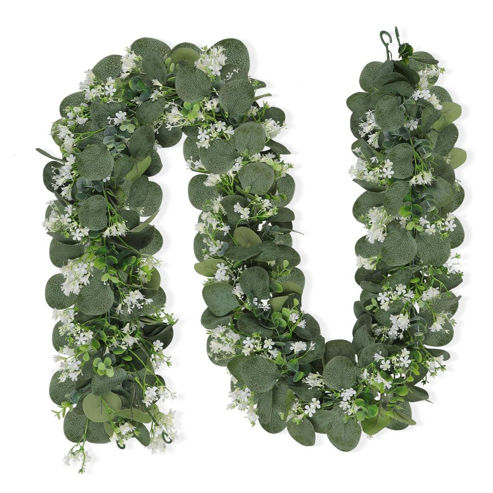 Weldomcor 2Pcs Greenery Garland Artificial Eucalyptus Leaves Garland 6Ft Green Leaves Garland with White Flowers, Hanging Ivy Garland for Wedding Arch Backdrop Home Table Indoor Outdoor Decor
