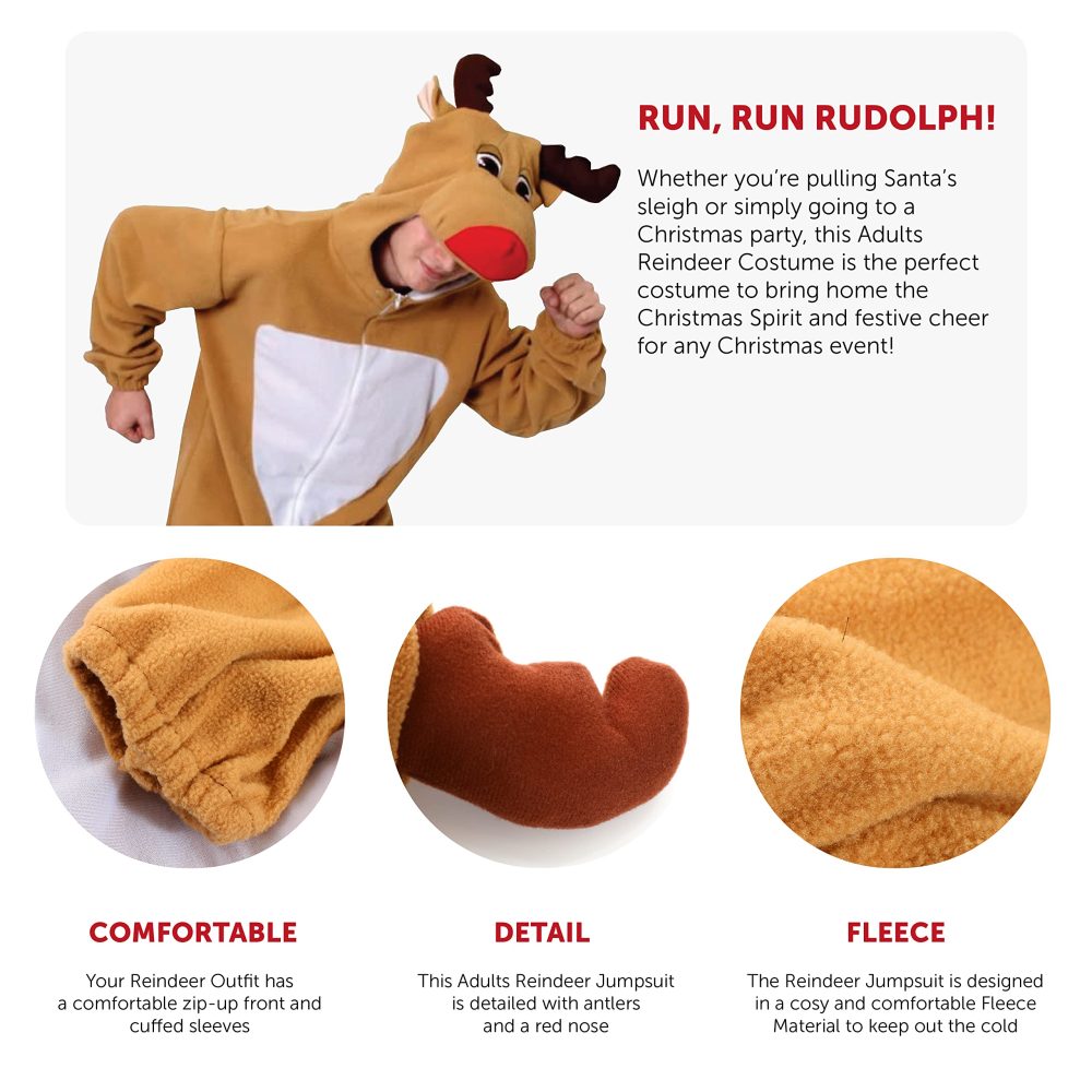 Adults Reindeer Costume - Small - Fleece Jumpsuit With Attached Reindeer Hood - Xmas Outfit Rudolph Santa's Helper Rudolph Reindeer Christmas Fancy Dress Onesie - Image 7