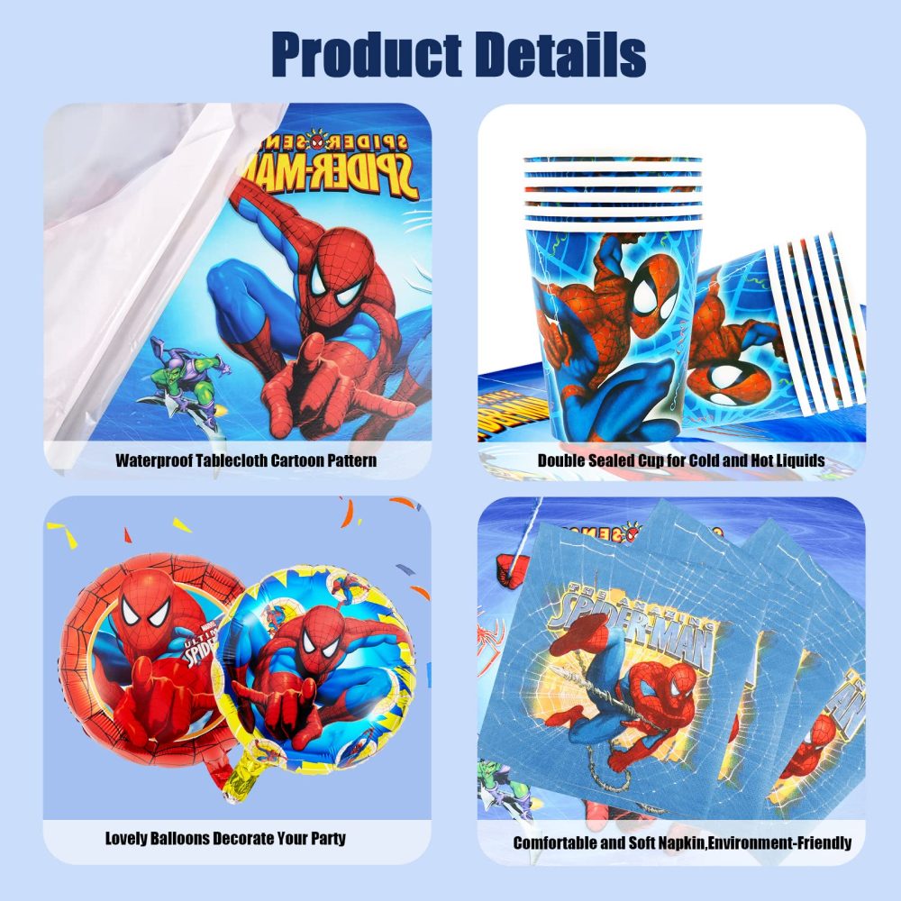 Spi-der Birthday Decoration, 75PCS Spidey Party Decorations Tableware Set, Superhero Birthday Decorations Including Plates Tablecloth Happy Birthday Banner Balloons for Boys Kids Theme Party Supplies - Image 6
