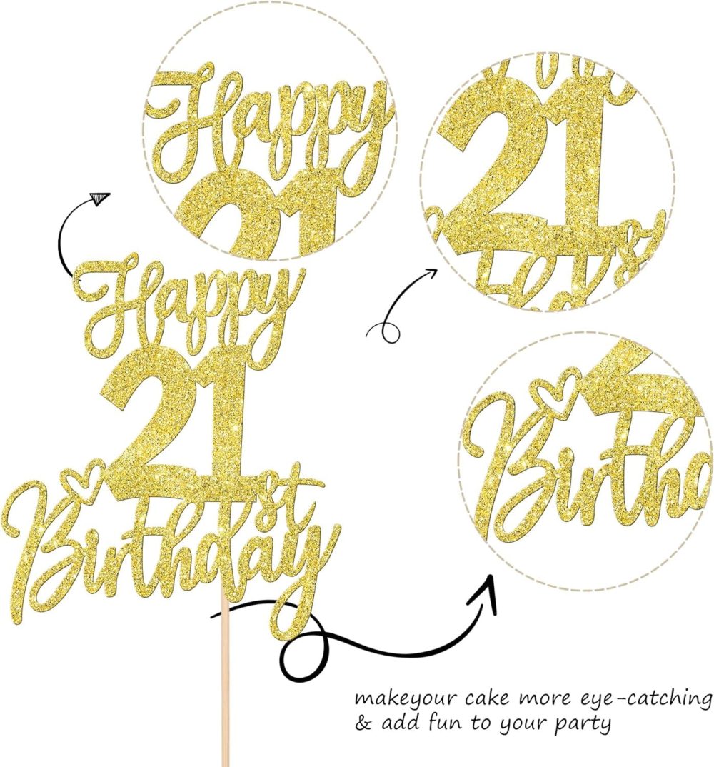 SYKYCTCY 1 Pack Happy 21st Birthday Cake Topper Gold Glitter Cheers to 21 Years Birthday Cake Pick 21 Fabulous Cake Decoration for Happy Birthday Theme Anniversary Party Supplies - Image 6