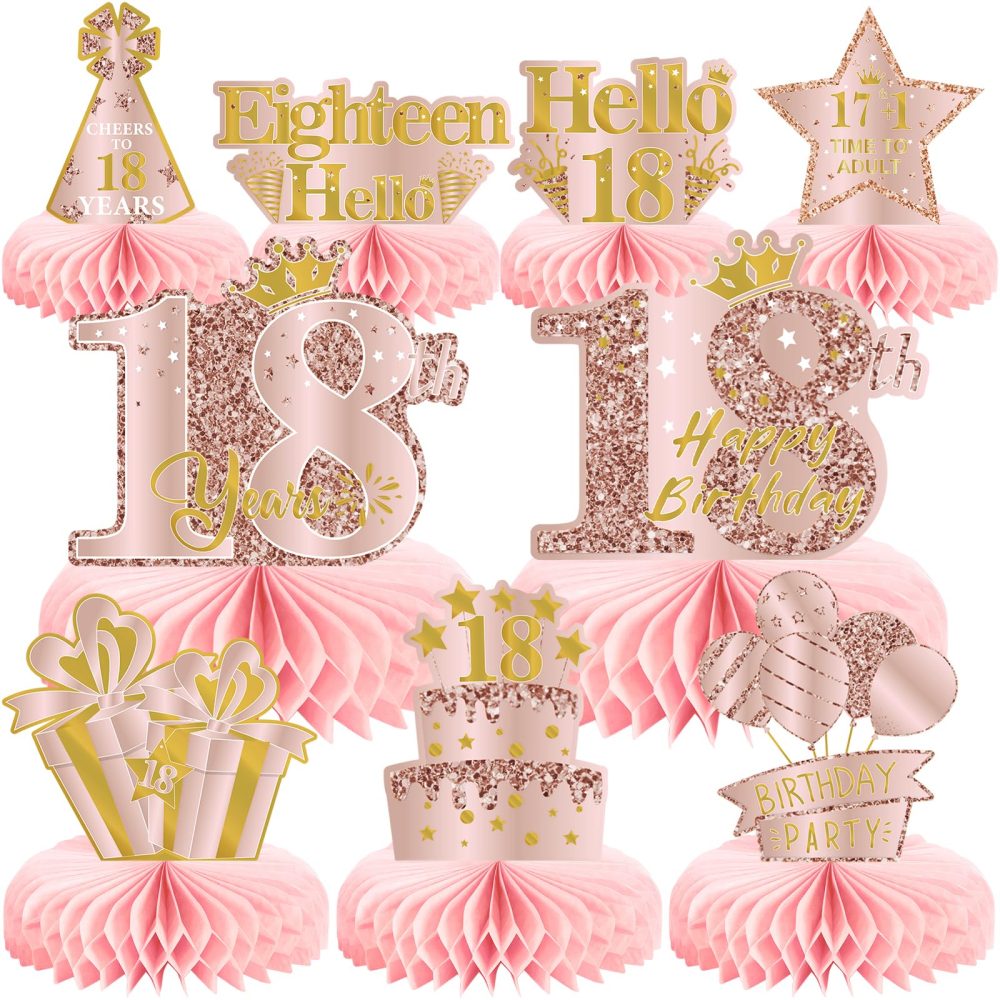 9Pcs 18th Birthday Decorations Pink Rose Gold Honeycomb Centerpieces for Girls,Happy 18th Birthday Table Centerpieces Party Supplies,Eighteen Year Old Birthday Table Toppers Decor