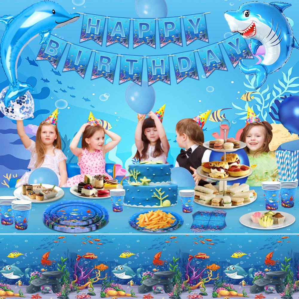 188 Pack Under the Sea Party Supplies Ocean Sea Party Tableware Set - Plates Cups Napkins Tablecloth Banner Balloons Cake Toppers for Underwater World Summer Beach Birthday Party Decorations Serves 20 - Image 9