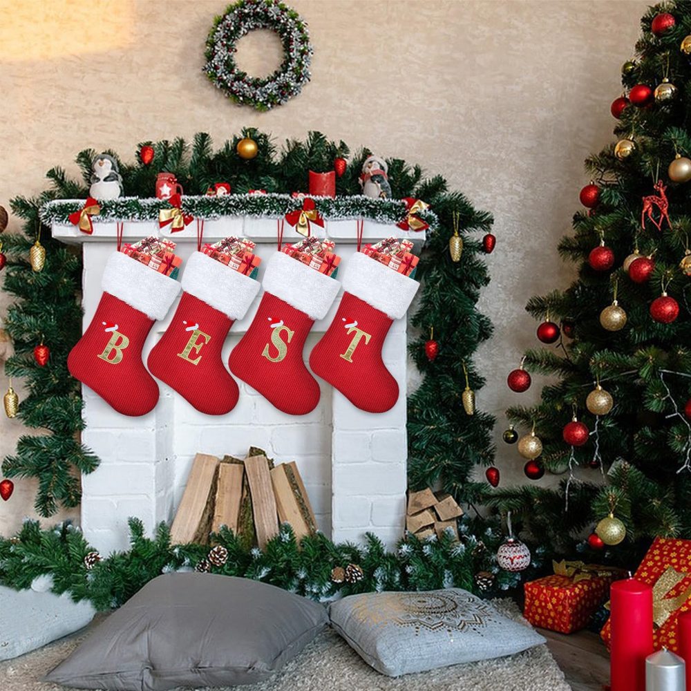 Sleeleece 30cm Personalized Christmas Letters Stockings Red Initial Monogram Embroidered Stocking with White Soft Plush Cuff Classic Stocking Tree Decorations Xmas Decor for Christmas, L - Image 6