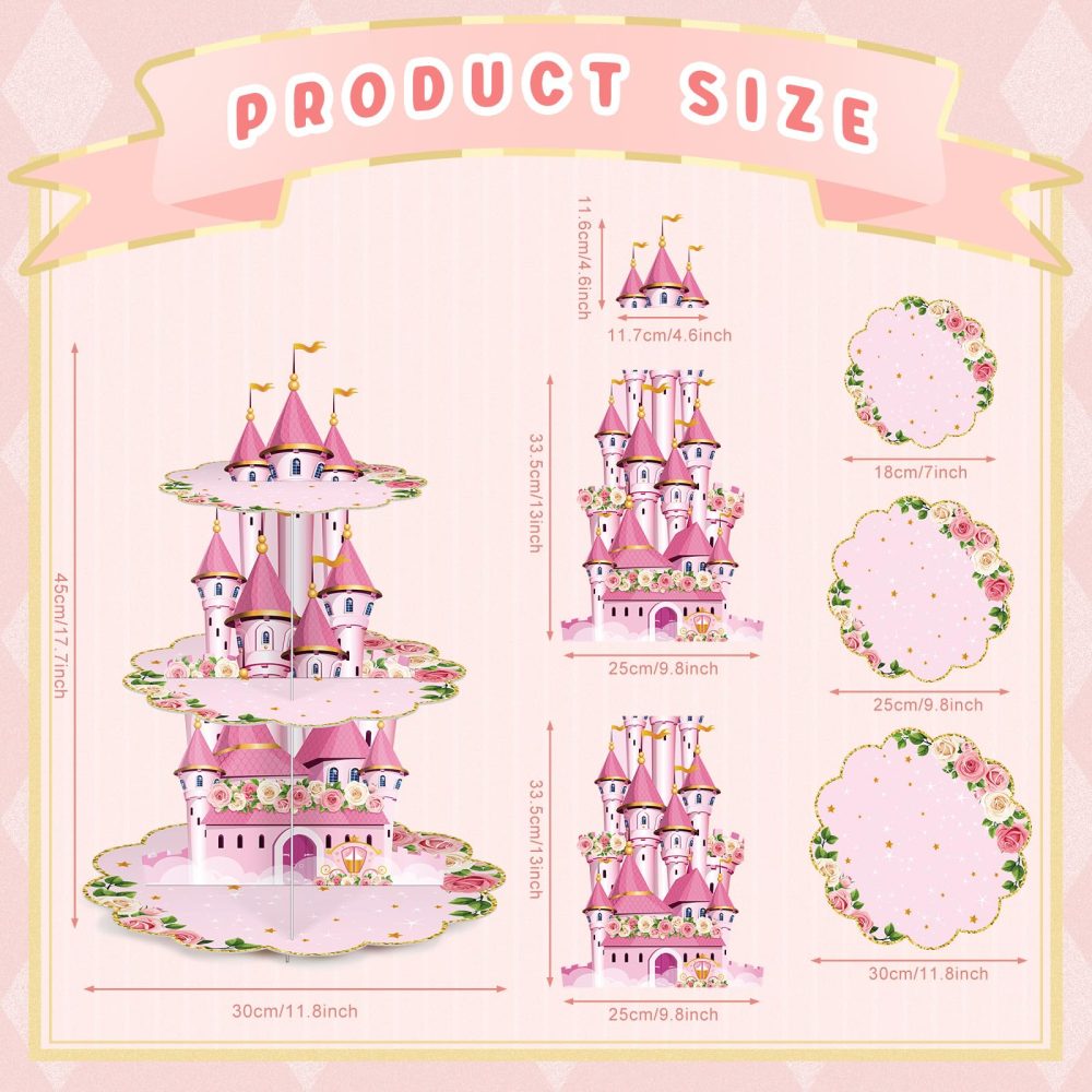 Zopeal 3 Tier Princess Birthday Cupcake Stand Party Decorations Floral Princess Cupcake Holder Pink Castle Crown Carriage Dessert Tower for Girls Birthday Princess Theme Baby Shower Party Supplies - Image 7