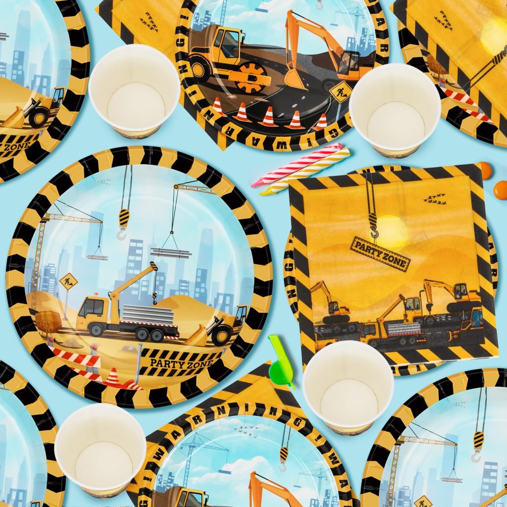 PARTY GO 96 Pcs Construction Birthday Tableware Set, Paper Plates Cups and Napkins, Disposable Dinnerware Party Supplies for Birthday Party Wedding Baby Shower Engagement Decorations Serve 24 Guests - Image 2