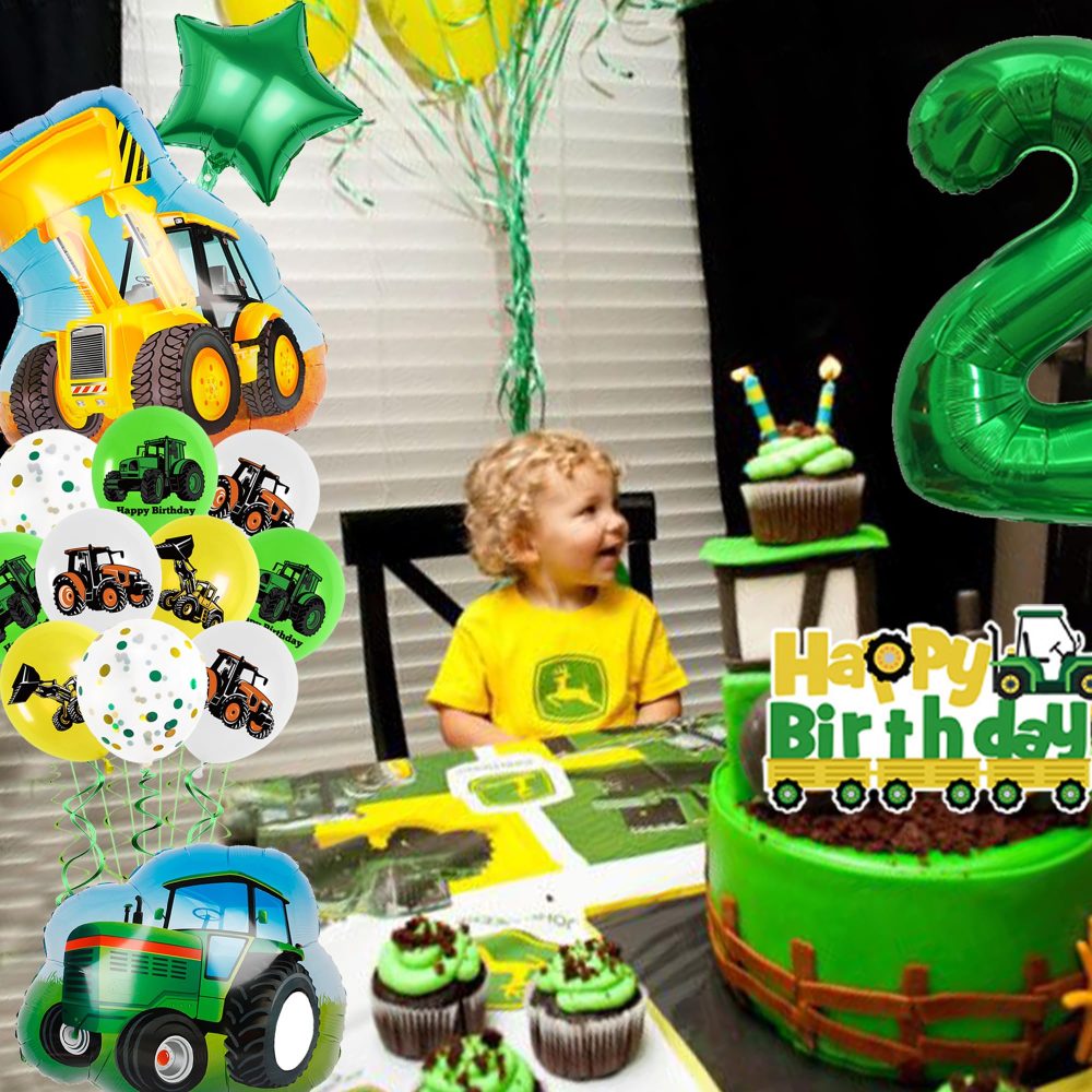 Tractor 2nd Birthday Decorations Boy - Construction Vehicle Themed Party Supplies Includes Happy Birthday Banner Cake Topper Latex Number 2 Stars Tractor Digger Balloons for 2 Year Old Boys Birthday - Image 4