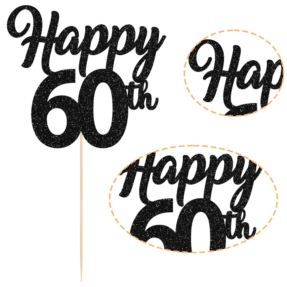 3Pcs Happy 60th Cake Topper Black Glitter Number 60 Sixty Birthday Cake Pick Decorations for Cheers to 60 Years Old 60th Birthday Wedding Anniversary Party Supplies - Image 8