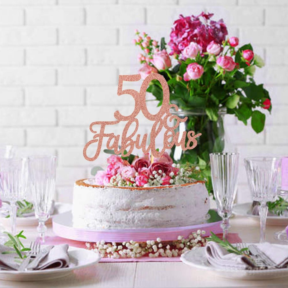 Blumomon 3 Pack 50 & Fabulous Cake Topper Rose Gold Glitter Cheers to Happy 50th Birthday Cake Toppers Fifty and Fabulous Cake Pick Decorations for 50th Wedding Anniversary Birthday Party Supplies - Image 3