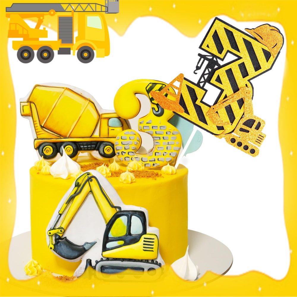 Yiran 2nd Birthday Cake Toppers,Yellow Construction Cake Decorations with Engineering Vehicle Themed,2 Years Old Birthday Cake Decorations Toppers for Boys Birthday Party Supplies - Image 4