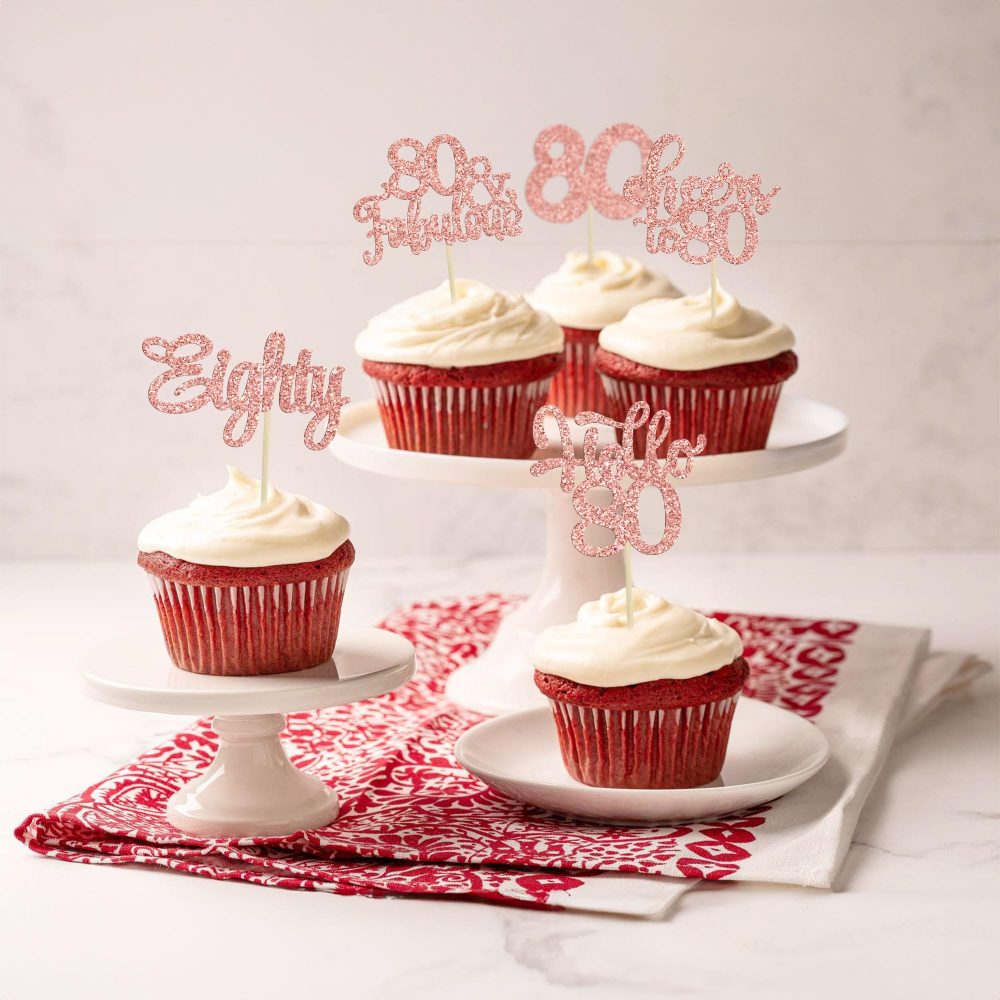 30Pcs Happy 80th Birthday Cupcake Toppers Eighty Cheers to 80 Years Old Birthday Cupcake Picks for Happy 80th Birthday Anniversary Party Cake Decorations Rose Gold Glitter - Image 2