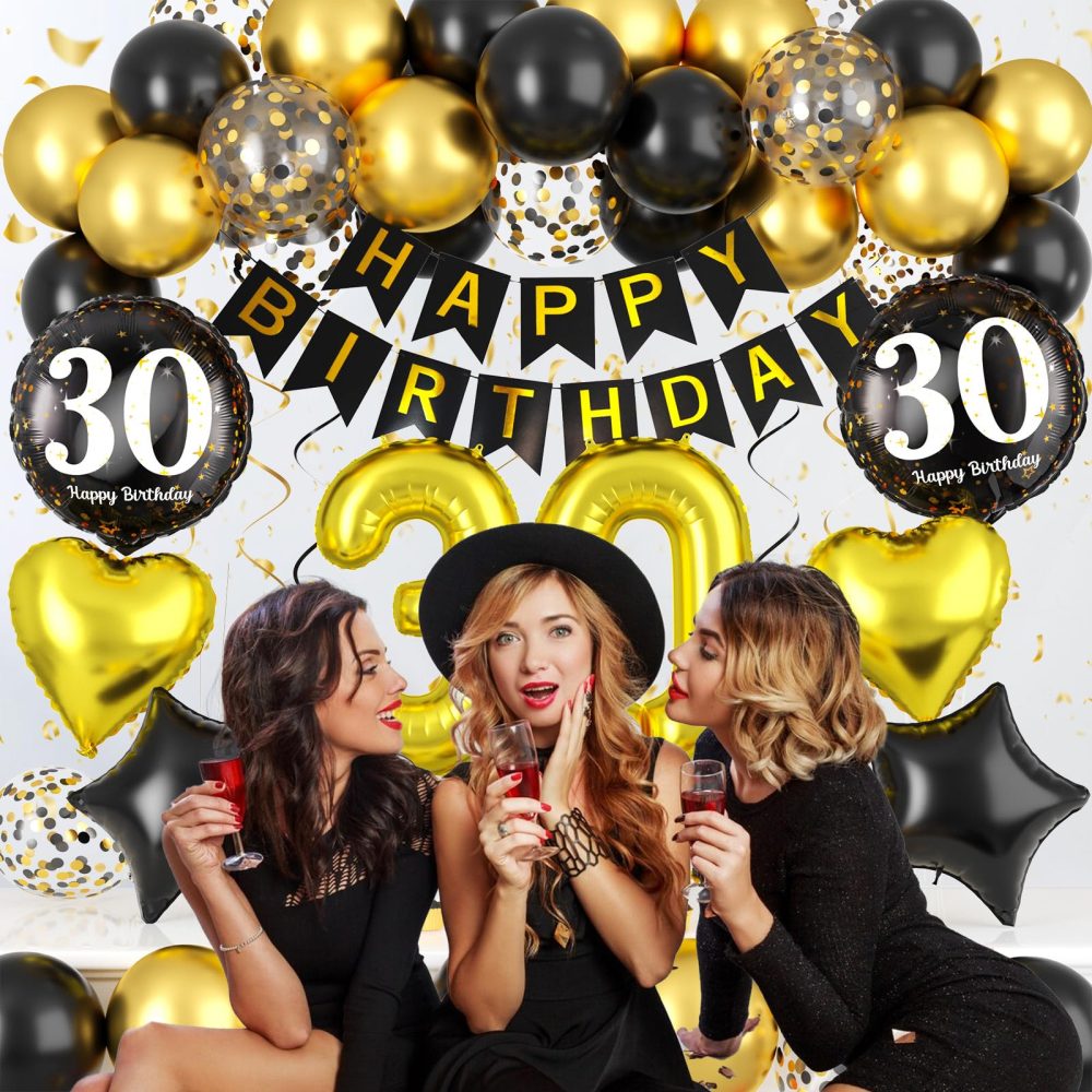Black and Gold 30th Birthday Decorations, 30th Birthday Balloons Gold and Black 30th Party Decorations with Black Gold Balloons Happy Birthday Banner Cake Topper for Men Women 30th Birthday Supplies - Image 2