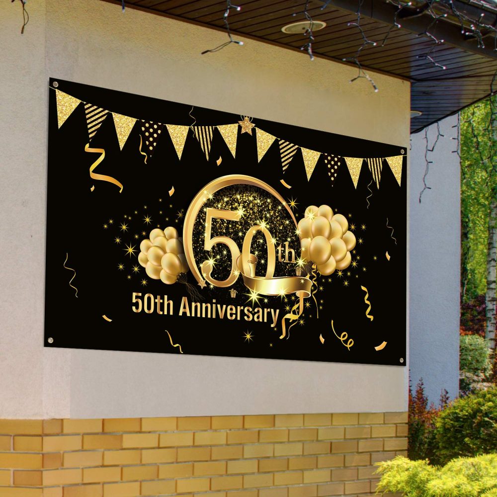 50th Anniversary Decorations, Extra Large Fabric Black Gold Sign Poster for 50th Anniversary Backdrop Photo Booth Background Banner 50th Birthday Party Supplies - Image 3