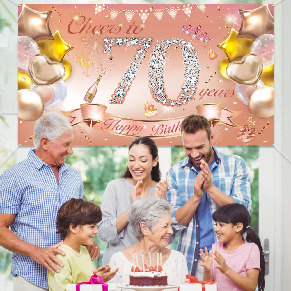 HOWAF Woman 70th Birthday Party Decoration Rose Gold, Fabric Banner for 70th Birthday Photo Backdrop Photography Background, 70th Birthday Outdoor Garden Table Wall Decoration Supplies - Image 3