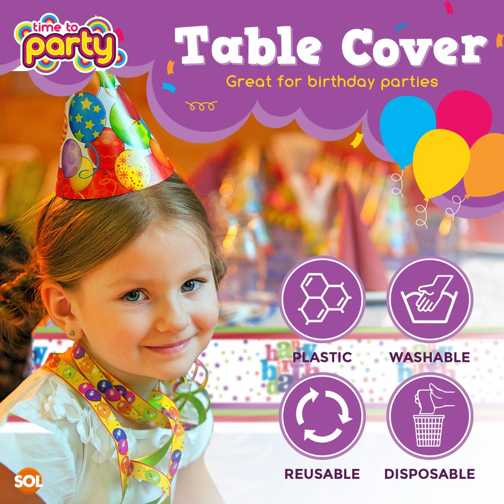 SOL 3pk Happy Birthday Table Cloth | 180 x 108cm | Plastic Table Cloth Party Table Cover | Table Cloths Party Table Cloth Disposable Table Clothes for Parties | Birthday Table Cover Party Sticker - Image 3