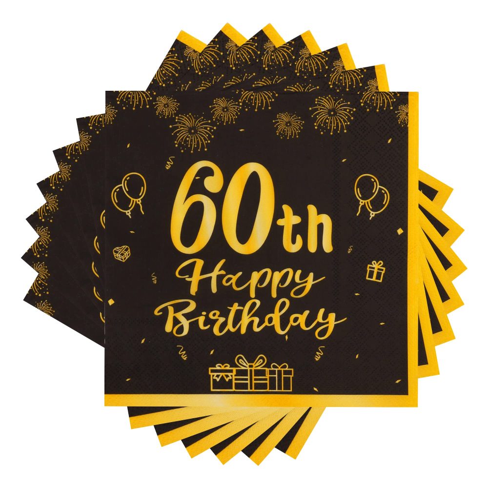TOPWAYS Black Gold 60th Birthday Decorations Paper Napkins, 60pcs Disposable Paper Birthday Napkins Table Decoration for Women Men 60 Birthday Party Supplies Table Decoration, Birthday Tissue (60th)