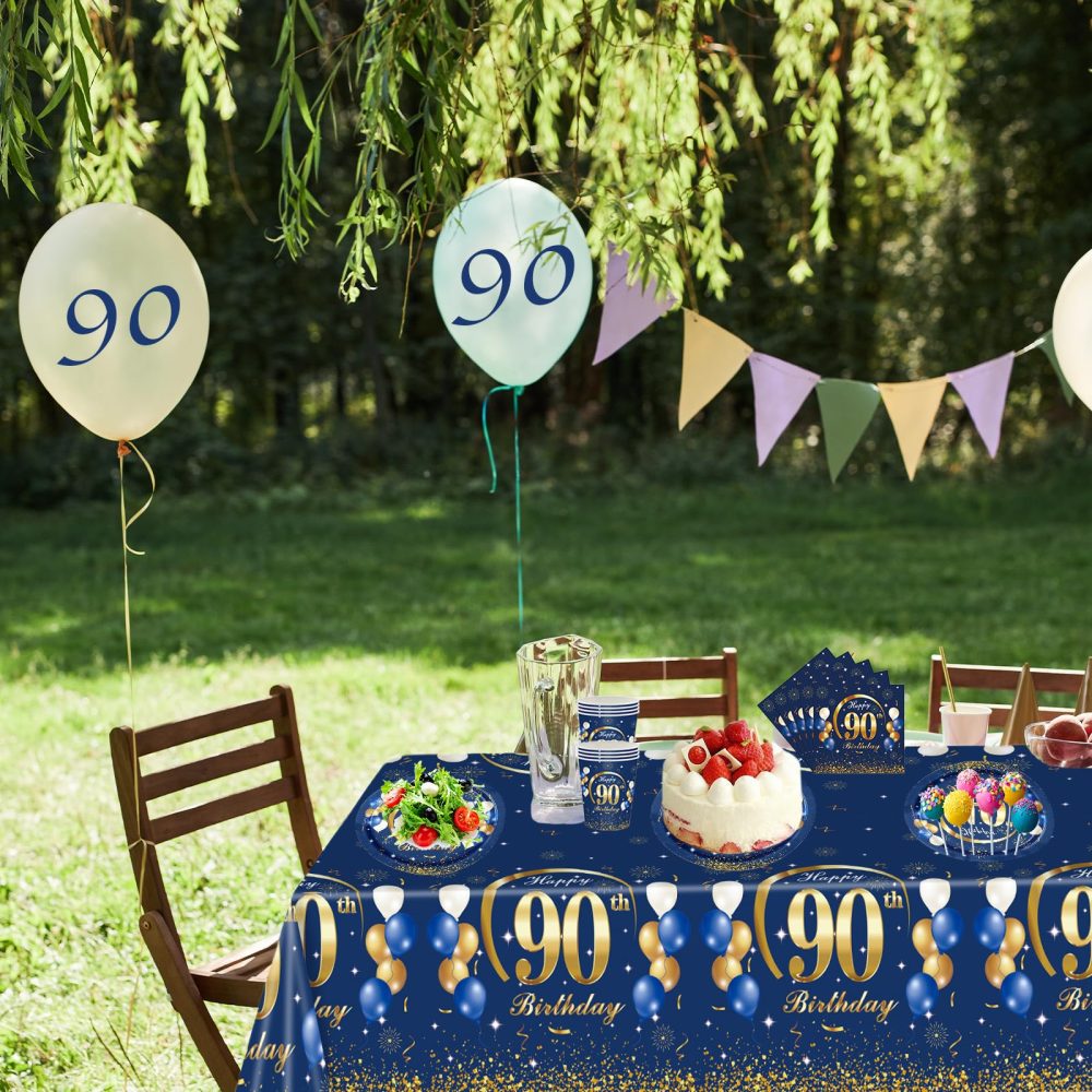 Navy Blue Gold 70th Birthday Party Tableware, Blue 70th Birthday Tableware Set with 32P Paper Plates,20P Napkins,1P 70th Table Cloth,16P Paper Cups for Women Birthday Party Table Decoration(16 Guest） - Image 2