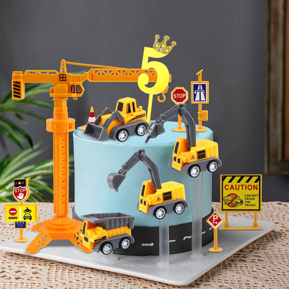 25Pcs Mini Construction Vehicles Cake Toppers Set Number 0-9 Golden Stick and Road Toy Sign Tower Crane Excavator Cake Cupcake Topper Digger Theme Cake Decorations for Kids Boys Baby Shower Birthday - Image 8