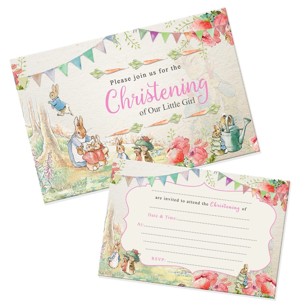 Peter Rabbit Christening Invitations & Envelopes Invite Packs WRITE ON (PINK Pack of 20)