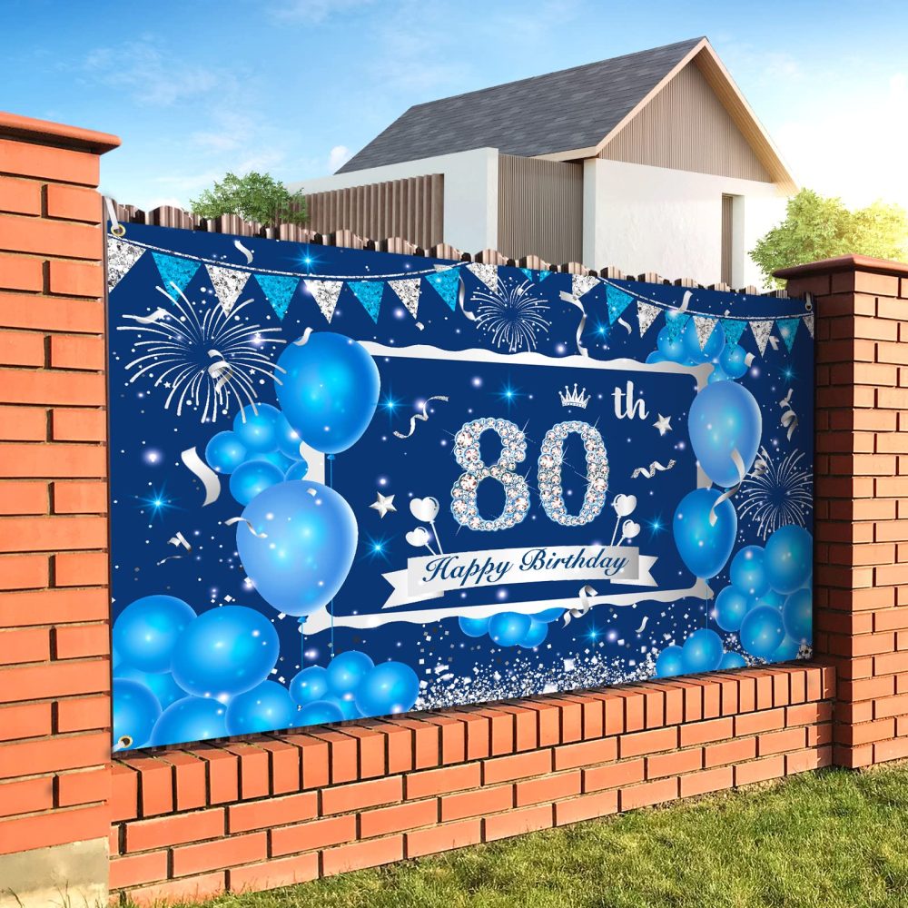 Blue 80th Birthday Decorations Banner for Men Women, Navy Blue Silver Happy 80th Birthday Banner Backdrop, Large Blue 80th Birthday Banner for 80th Birthday Anniversary Party Decorations Supplies - Image 2