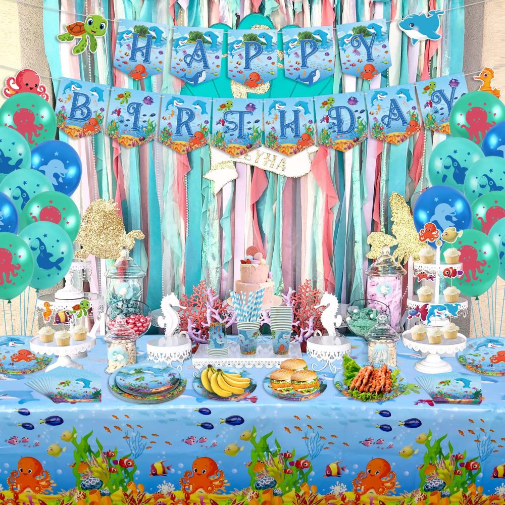 Under the Sea Party Supplies - Ocean Sea Party Tableware - Plates Cups Napkins Tablecloth Banner Balloons Cake Toppers for Underwater World Birthday Party Decorations, Serves 20 - Image 2