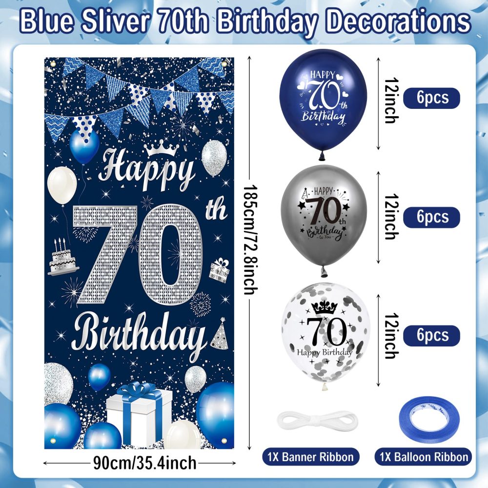 RUMIA Blue 70th Birthday Decorations for Men Navy Blue Silver Happy 70th Birthday Door Banner Cover and 18Pcs Blue Silver 70th Birthday Balloons for Men Women 70th Birthday Party Decor - Image 4