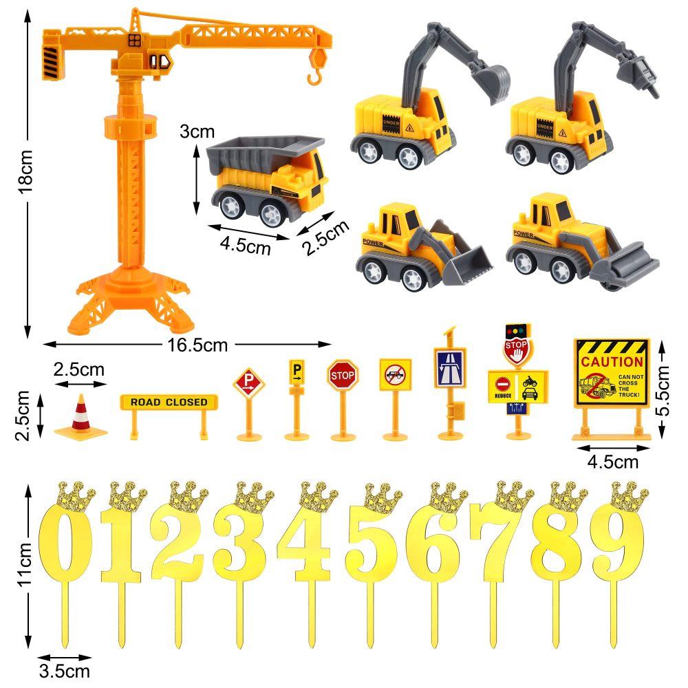 25Pcs Mini Construction Vehicles Cake Toppers Set Number 0-9 Golden Stick and Road Toy Sign Tower Crane Excavator Cake Cupcake Topper Digger Theme Cake Decorations for Kids Boys Baby Shower Birthday - Image 9