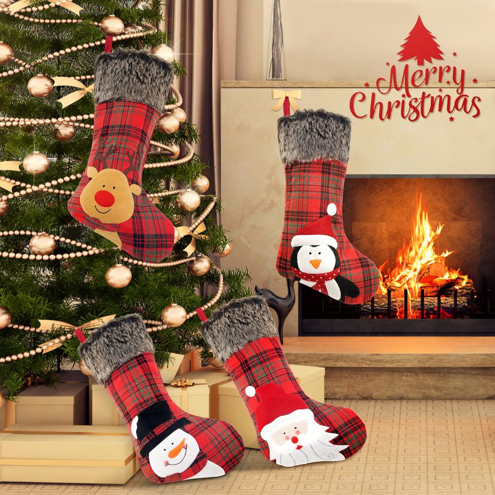 COOLWUFAN Christmas Stocking, 4 Pack 18 inch Xmas Stockings wiht Snowflake Santa Snowman Reindeer and Plush Faux Fur Cuff Family Pack Stockings for Xmas Holiday Family Party Decorations,Red - Image 4