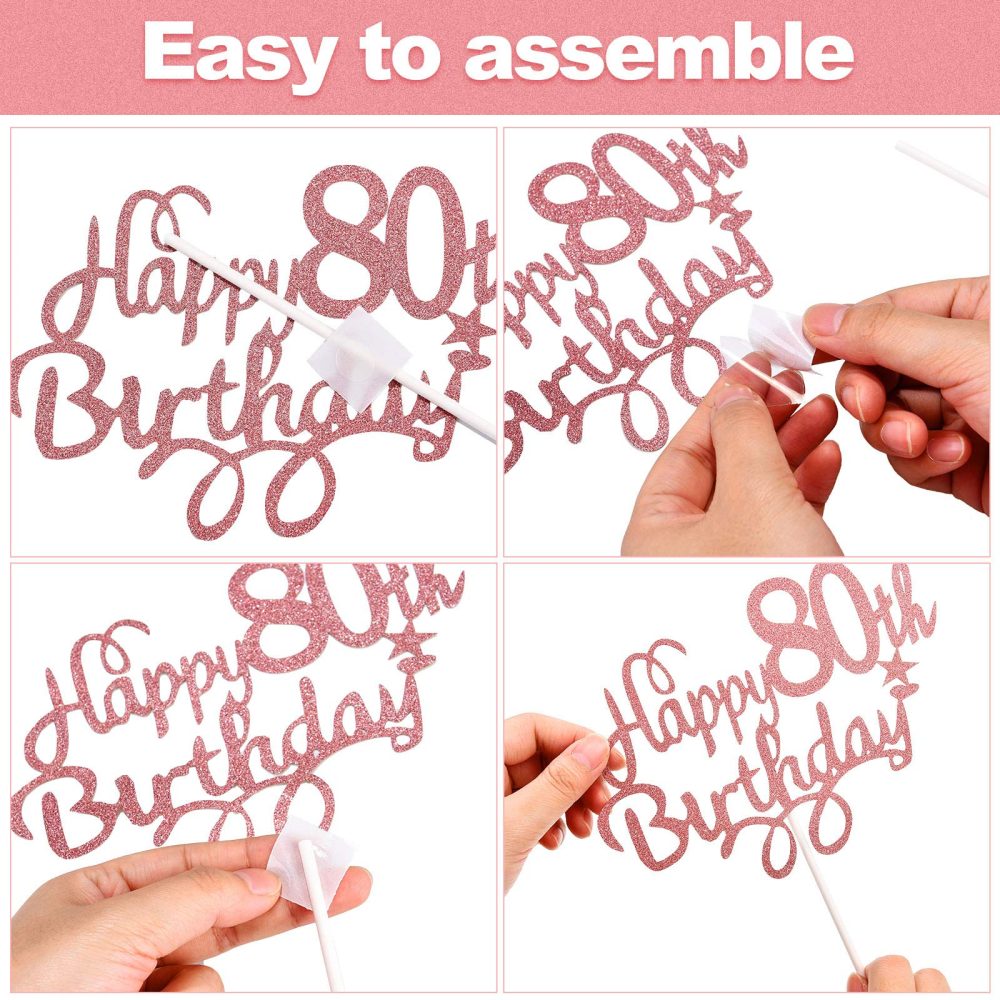 Boao 80th Birthday Cake Toppers for Ladies Women, Happy 80th Birthday Cake Topper with Star Heart Cake Topper 80th Birthday Cake Decorations for Birthday Party Cake Supplies, Rose Gold - Image 2