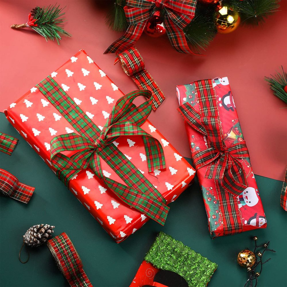 5 Rolls 30 Yards Christmas Red Plaid Ribbon Gingham Ribbon Check Wired Edge Wrapping Ribbon Tartan Ribbon for Christmas DIY Crafts Present Wrapping Home Decorations Bows (1 Inch Wide) - Image 6