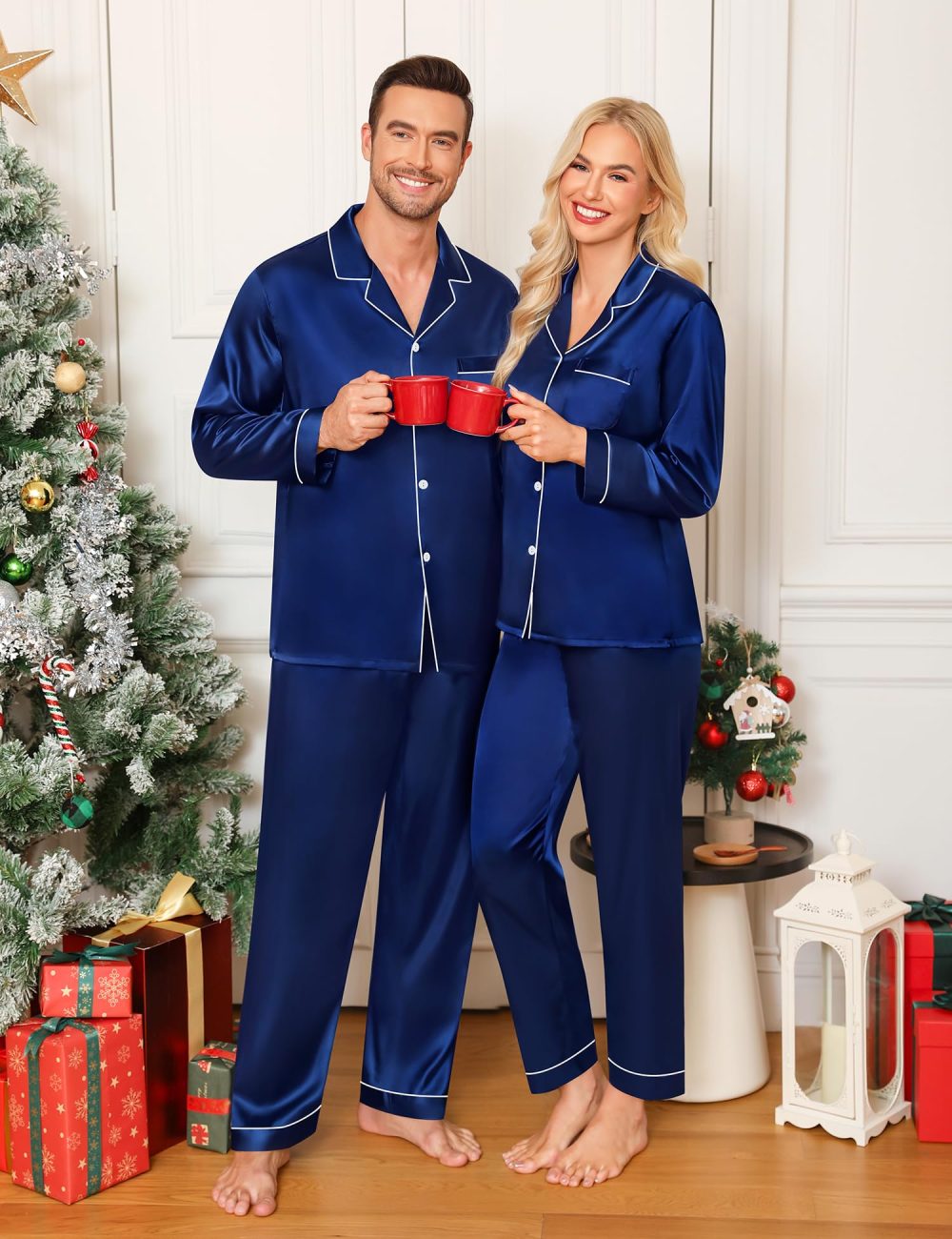SWOMOG Womens Matching Pyjamas Set Silk Satin Button Down Sleepwear Long Sleeve Nightwear 2 Pcs Pj Set Navy Blue XX-Large - Image 6