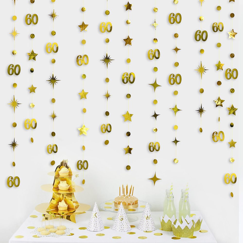 Gold 60th Birthday Decorations Number 60 Circle Dot Twinkle Star Garland Metallic Hanging Streamer Bunting Banner Backdrop for 60 Year Old Happy Birthday 60th Anniversary Sixty Party Supplies - Image 3