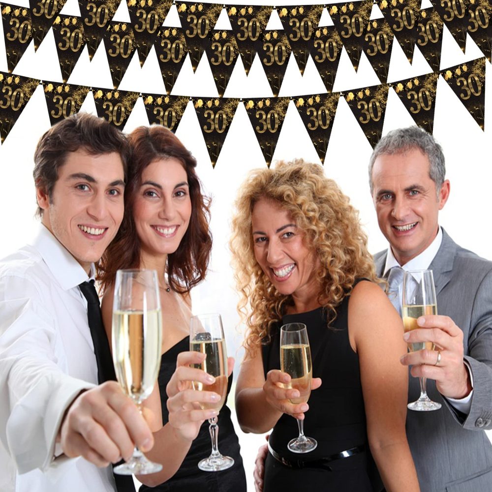 30th Happy Birthday Banner Bunting Flags 40 Pieces Gold and Black Glitter Birthday Anniversary Theme Party Decoration Supplies - Image 3