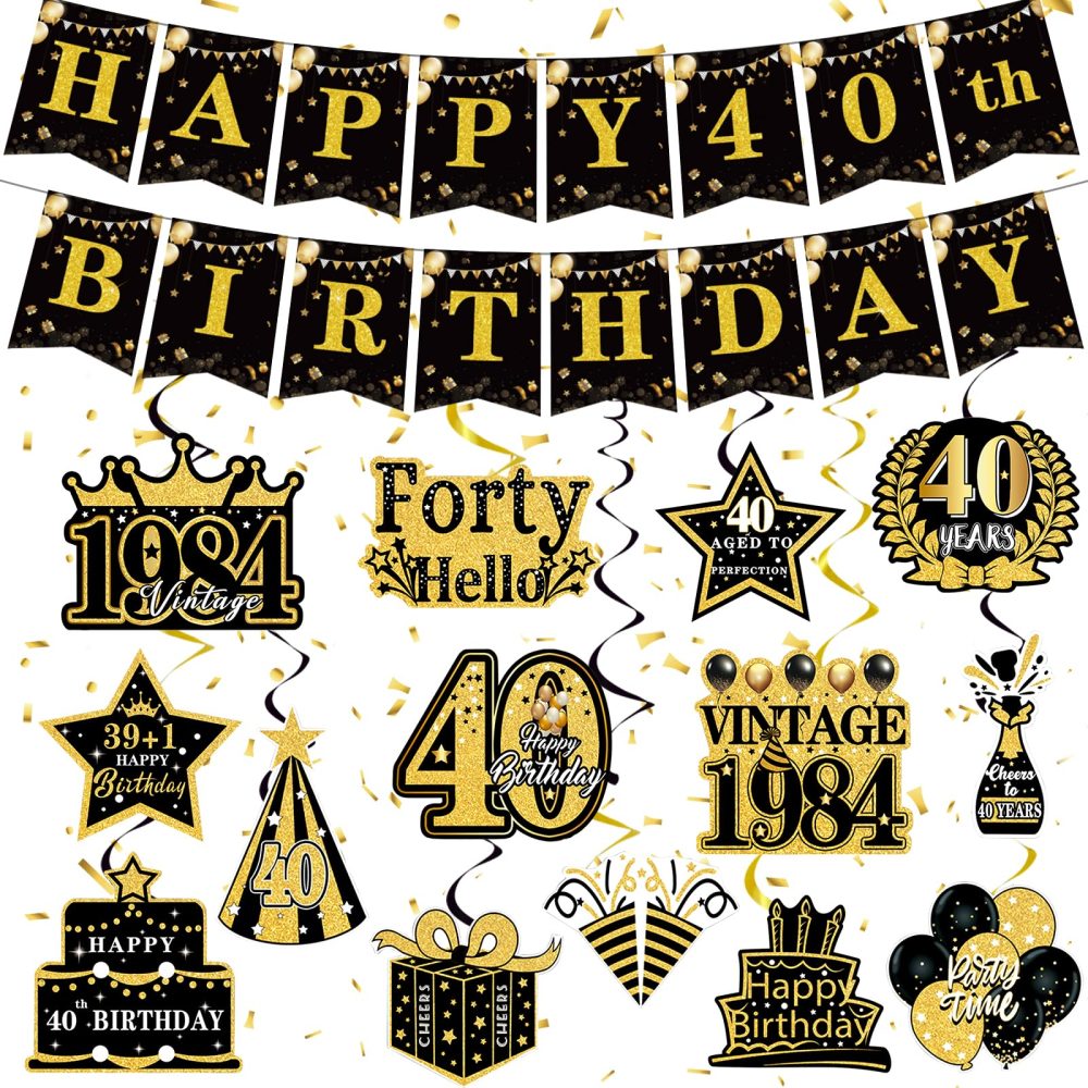 Luvart 40th Birthday Decoration - 40th Birthday Party Decorations 40th Birthday Hanging Swirls Decorations Happy 40th Birthday Banner Black Gold 1984 40th Birthday Supplies for Men Women