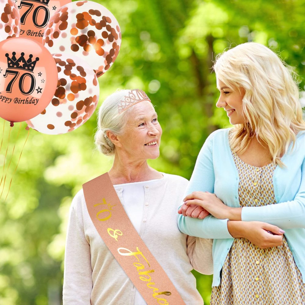 Heyu-Lotus 70th Birthday Sash and Tiara Rose Gold 70& Fabulous Sash Rhinestone Crown Balloons Birthday Cake Topper for Women 70th Birthday Gift Party Supplies (Rose Gold) - Image 3
