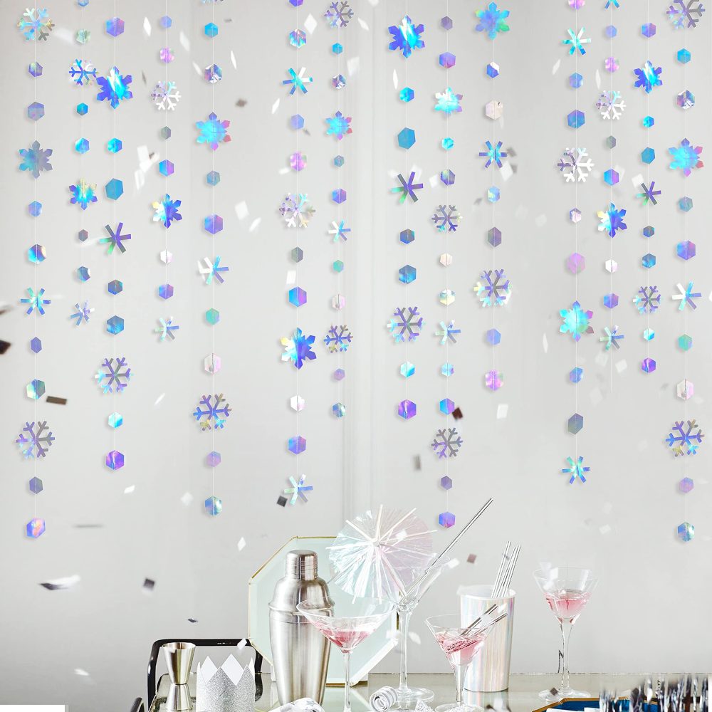 52Ft Iridescent Snowflakes Garland Winter Wonderland Party Decorations Metallic Glitter Paper Snowflakes Streamer for Winter Wonderland Frozen Birthday Wedding Baby Bridal Shower Christmas Decorations - Image 2