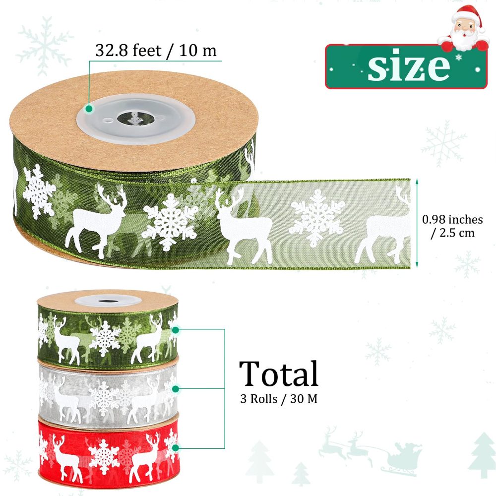 Fovths 3 Rolls 30 M Christmas Ribbon Gift Wrapping Ribbons Organza Ribbon Xmas Theme With Snowflake Elk in 3 Colors for Gift Wrapping, 25mm Wide - Image 7