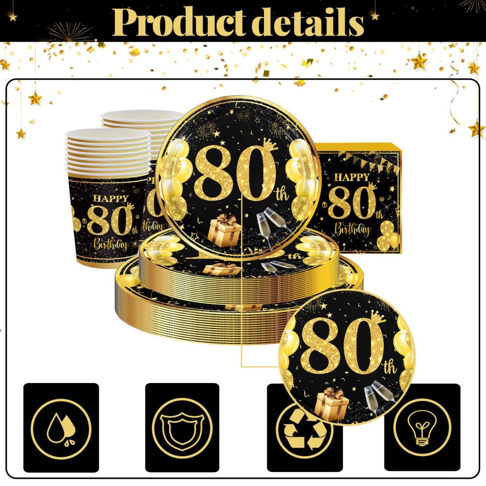 69pcs Black Gold 80th Birthday Decorations for Men Women,80th Birthday Tableware Tablecloth Paper Plates Napkins Serviettes and Cups for 80th Birthday Table Decorations for Him,Her 80th Birthday Gifts - Image 6
