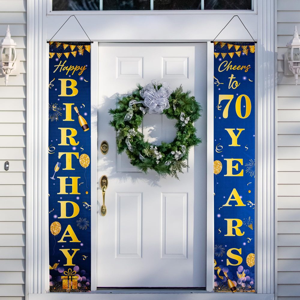 Happy 70th Birthday Door Banner Blue Gold 70th Birthday Party Decorations, 70th Birthday Door Decorations Porch Hanging Banner for Men 70 Year Old Indoor Outdoor Garden Blue Gold