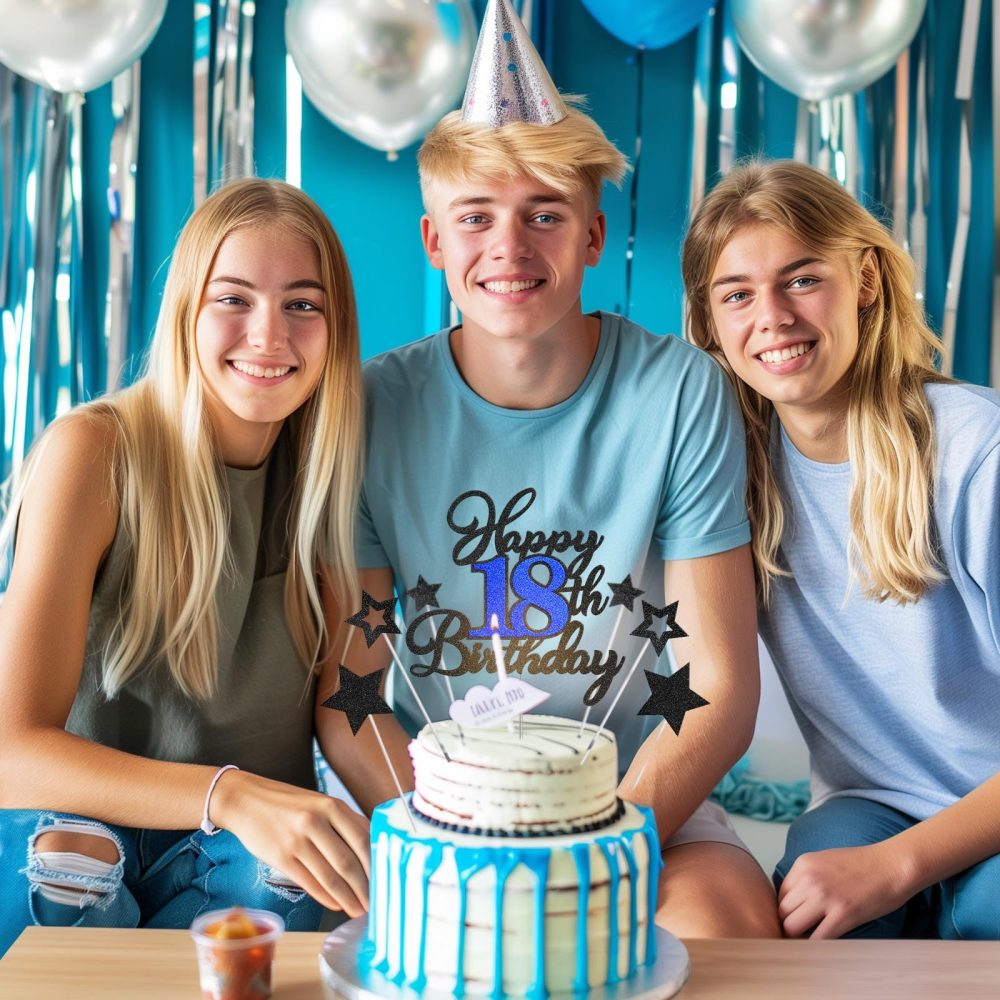 Happy Birthday Cake Topper 18, Eighteen Birthday Decorations Black Blue Glitter 18th Birthday Cake Decor with Star Sticks Birthday Anniversary Party Supplies for Boys Girls Teens Men Women - Image 3
