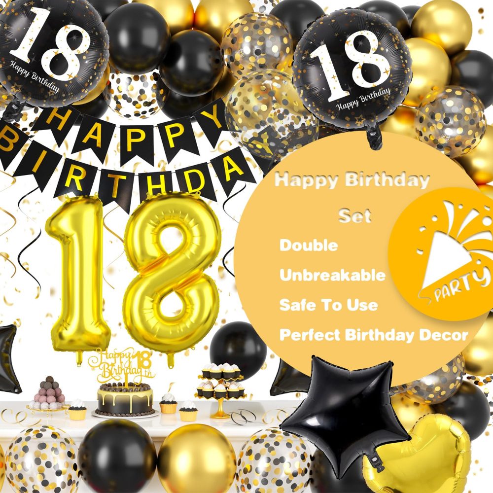 Black and Gold 18th Birthday Decorations, 18th Birthday Balloons Gold and Black 18th Party Decorations with Black Gold Balloons Happy Birthday Banner Cake Topper for Boys Girls 18th Birthday Supplies - Image 6