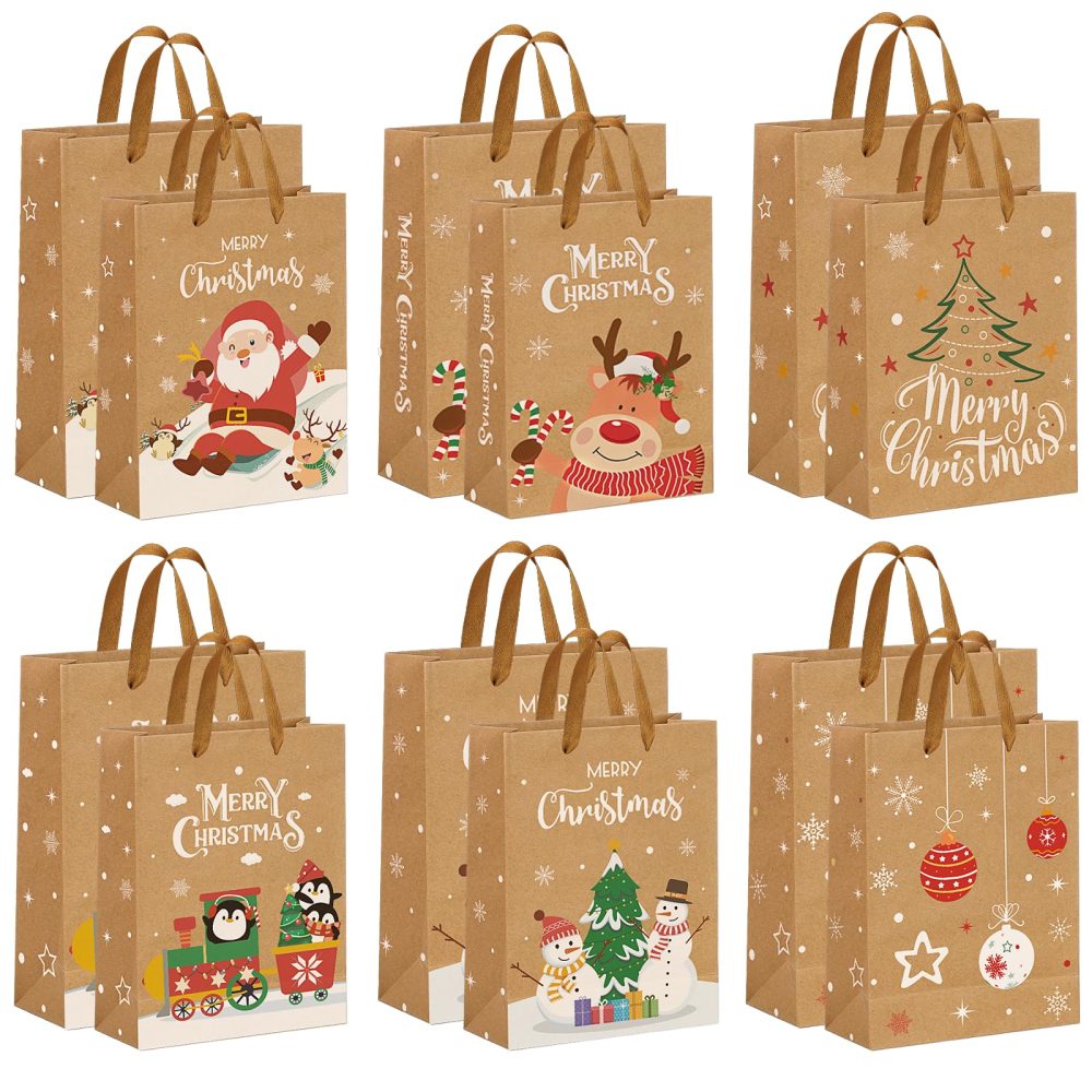 Christmas Brown Gift Bags 12 pcs,Xmas Paper Bags Multipack with Large and Small Sizes,Reusable Kraft Christmas Goody Bags with Handles for Presents,Perfect Paper Carrier Bags for Party,Sweets,Food