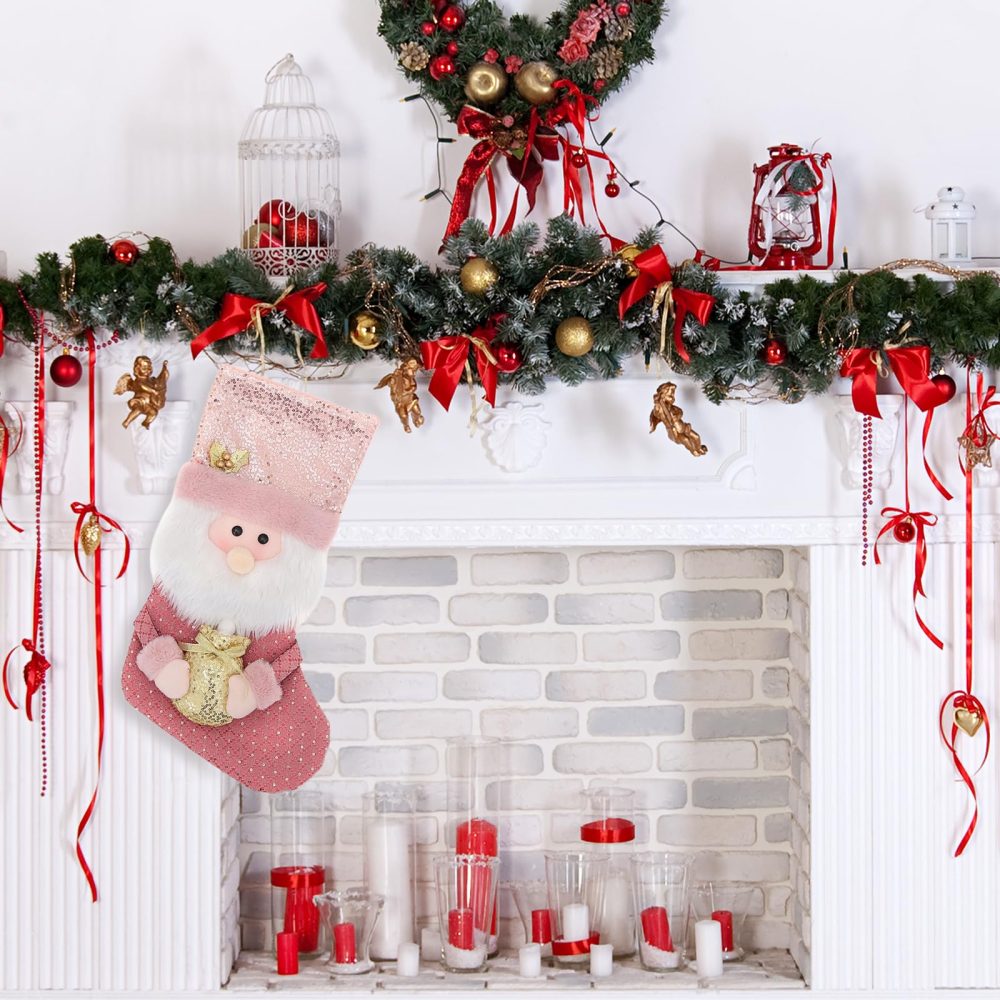 Christmas Stockings Pink,Large Christmas Stockings with Gold Glitter,16" Xmas Stockings,Santa Claus Christmas Hanging Socks Bag,Santa Stockings for Christmas Stairs Fireplace Hanging Decor Candy Pouch - Image 3