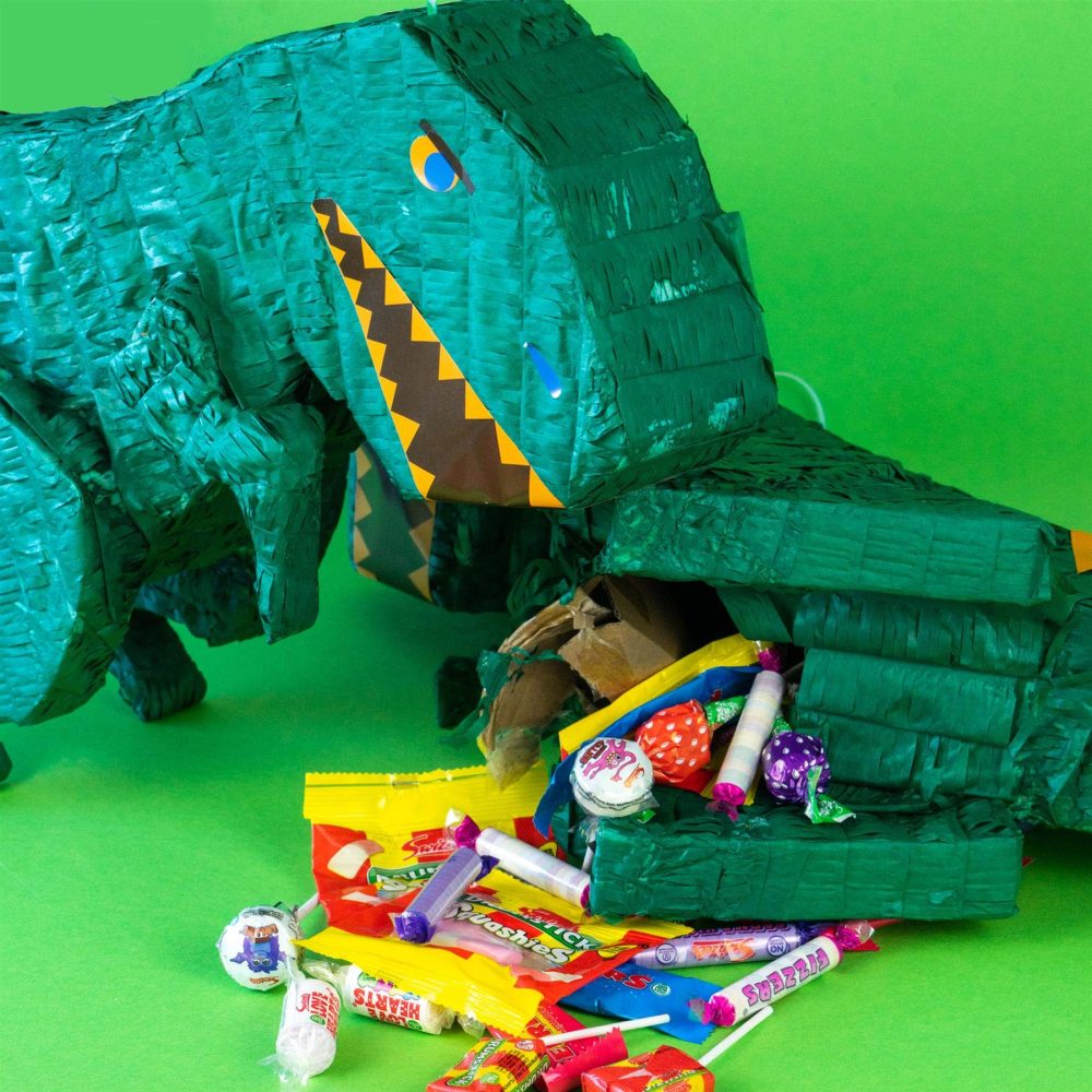 Fax Potato Dinosaur Cardboard Pinata, Stick and Blindfold Set - 3pc - Rainbow Stick - Fill Your Own Kids Large Party Accessory Decoration - W43cm x D13cm x H55cm - Image 2