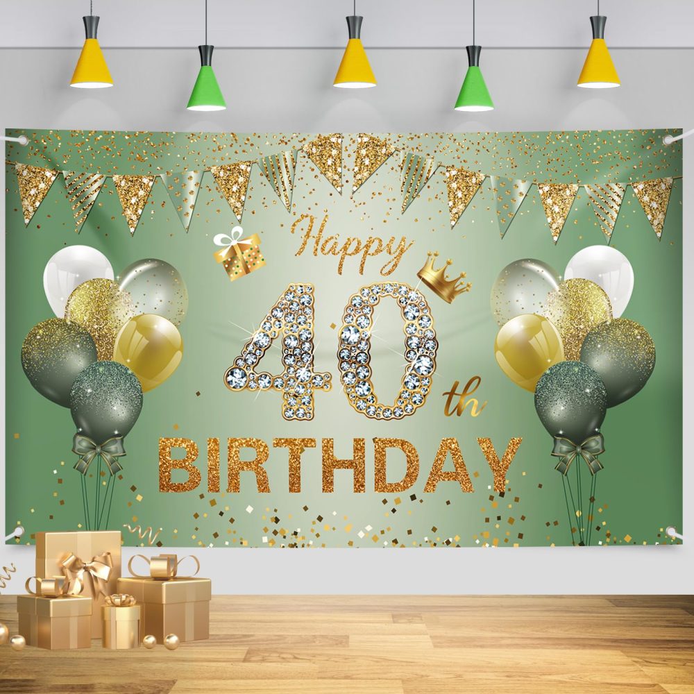 40th Birthday Decorations for Women Men, 40th Birthday Banner, 40th Birthday Backdrop Party Decorations, Sage Green Gold Happy 40th Birthday Banner Background for Birthday Anniversary Party Supplies