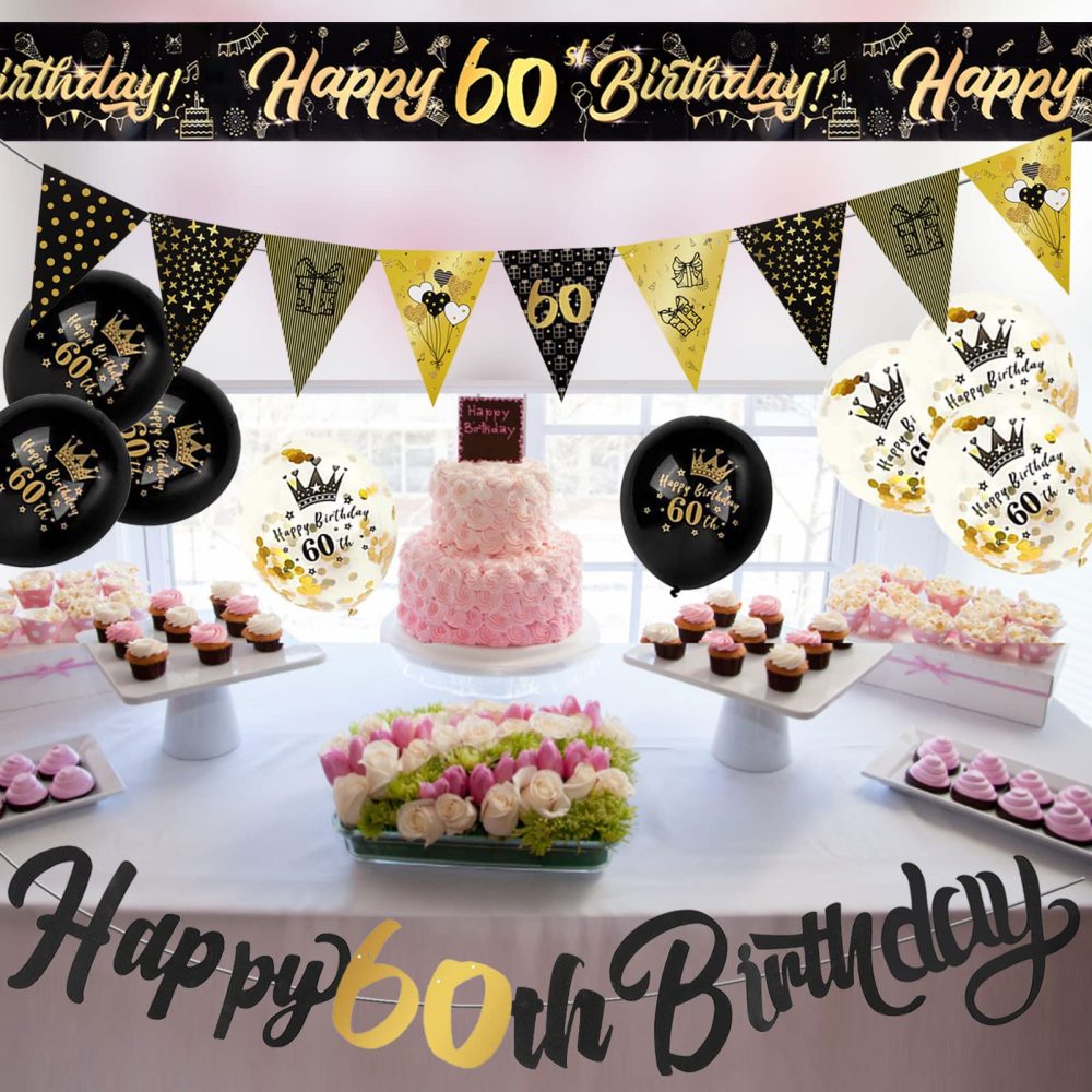 60th Birthday Decoration Kit, 13 Pieces Birthday Party Decoration Include Happy 60th Birthday Banner, Bunting, 12” Latex Printed Balloons, 9ft Banner for Women Men 60th Birthday Decorations Supplies - Image 3